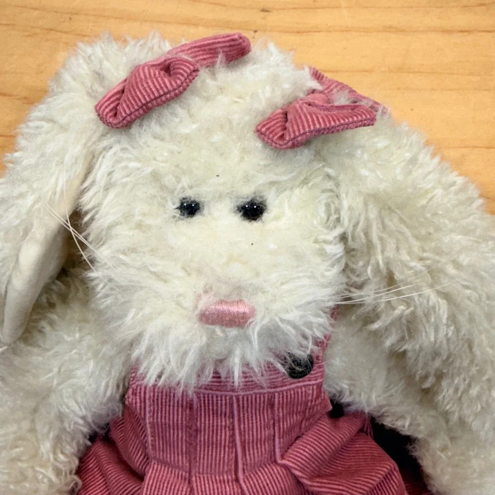 Boyds Bears Bearwear Plush Bunny Rabbit Cream Shaggy Fur Pink Corduroy Dress Bow